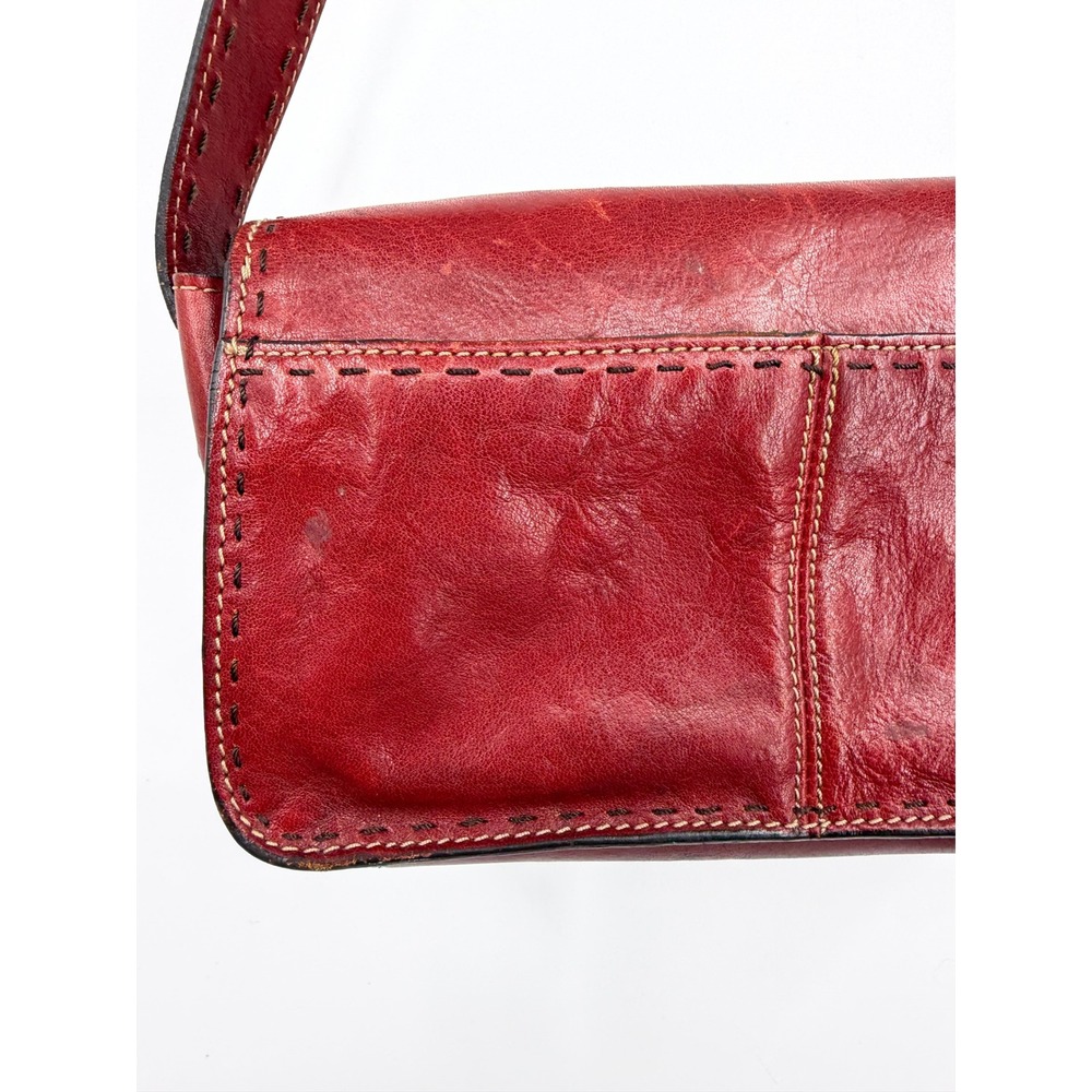 Fossil Vintage Leather Shoulder Bag Womens Small Red Whipstitch Flap Baguette - Picture 4 of 11